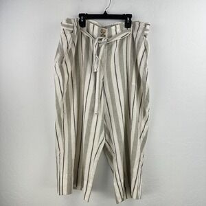 Zac & Rachel Paperbag Linen Blend Pants Womens 3X Cream Green‎ Striped Cropped